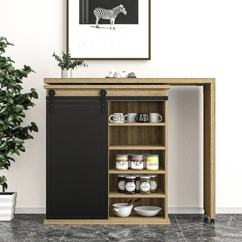 Gracie Oaks Sliding Barn Door Coffee Bar With Rotating Table